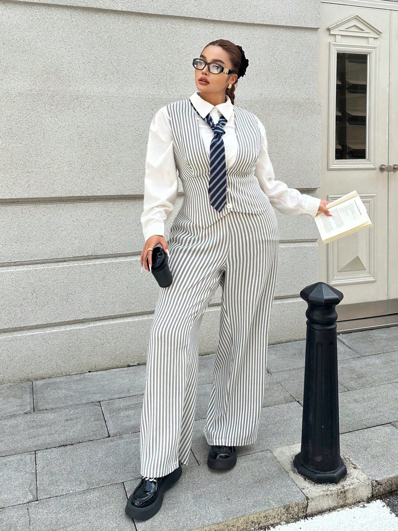 POPSWAY Plus Size Women Striped Deep V-Neck Vest With Wide Leg Pants Set, Fashionable Office Outfit