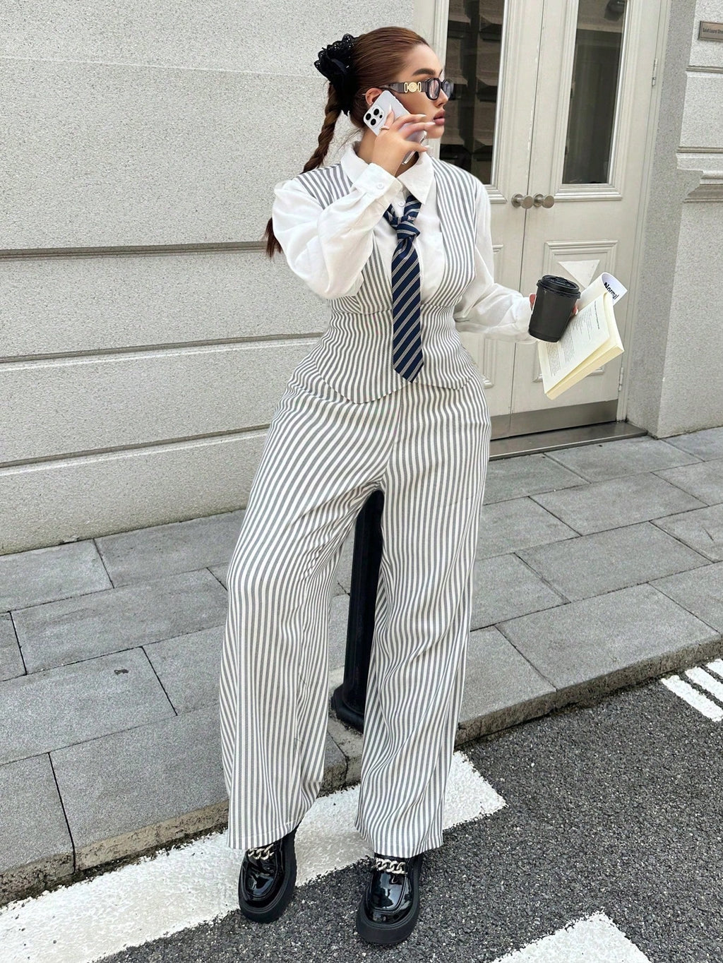 POPSWAY Plus Size Women Striped Deep V-Neck Vest With Wide Leg Pants Set, Fashionable Office Outfit