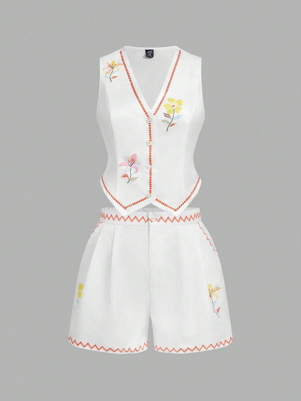 SHEIN MOD 2pcs/Set Plus Size White Floral Print V-Neck Sleeveless Cardigan Top And Shorts Summer Curve Party Holiday Outfit,Positioning Prints,Casual Suits