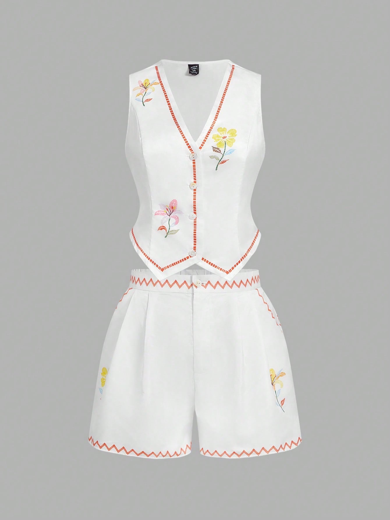 SHEIN MOD 2pcs/Set Plus Size White Floral Print V-Neck Sleeveless Cardigan Top And Shorts Summer Curve Party Holiday Outfit,Positioning Prints,Casual Suits