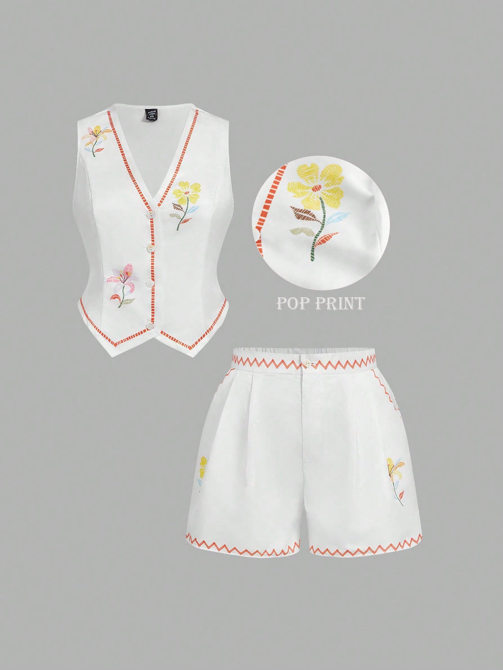 SHEIN MOD 2pcs/Set Plus Size White Floral Print V-Neck Sleeveless Cardigan Top And Shorts Summer Curve Party Holiday Outfit,Positioning Prints,Casual Suits