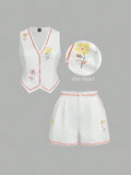 SHEIN MOD 2pcs/Set Plus Size White Floral Print V-Neck Sleeveless Cardigan Top And Shorts Summer Curve Party Holiday Outfit,Positioning Prints,Casual Suits
