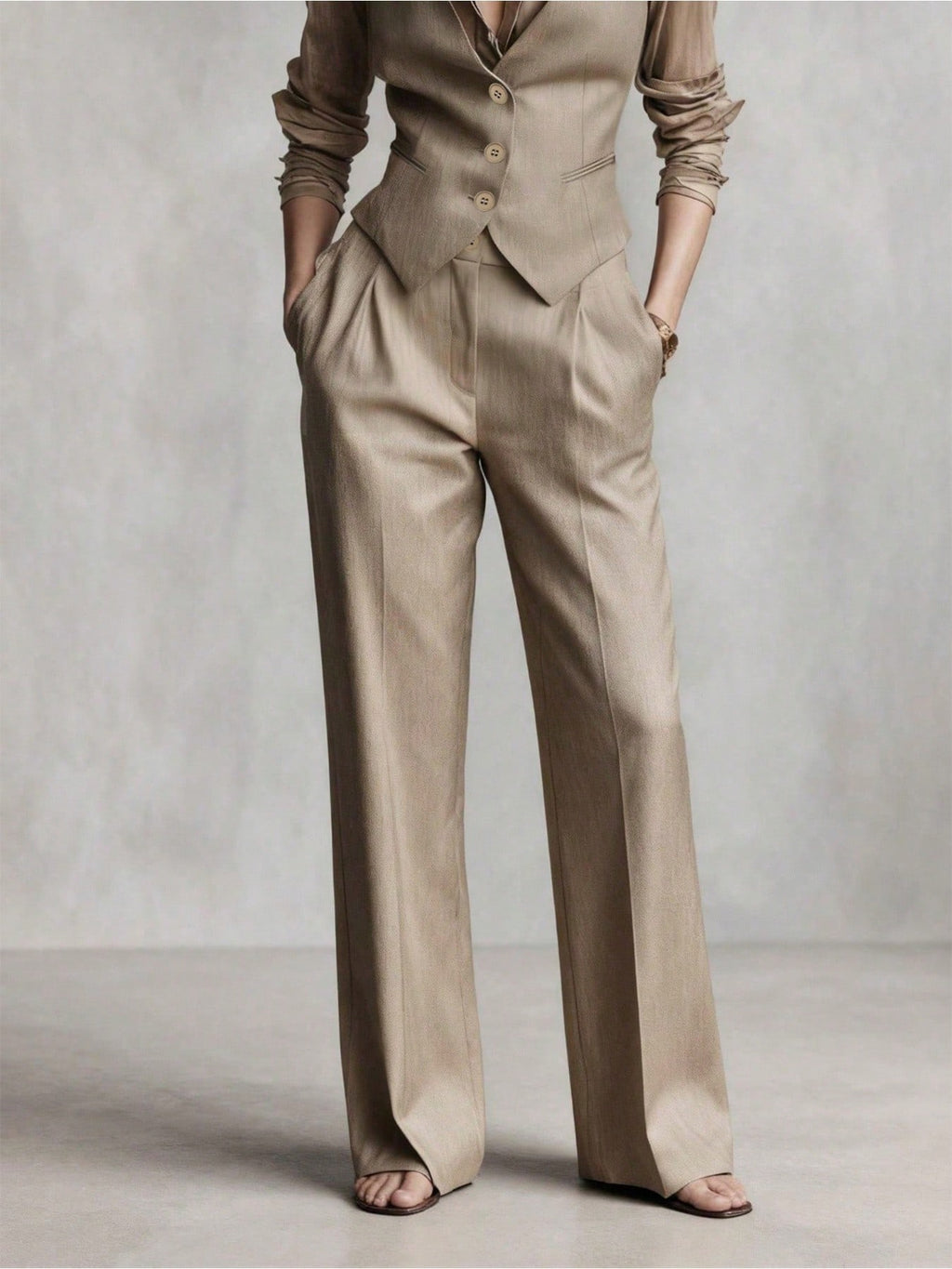 Elegant Women's Suit Set, V-Neck Button Front Vest Paired With Pleated Long Pants, Suitable For Autumn Office Business Casual, Women's 2-Piece Set