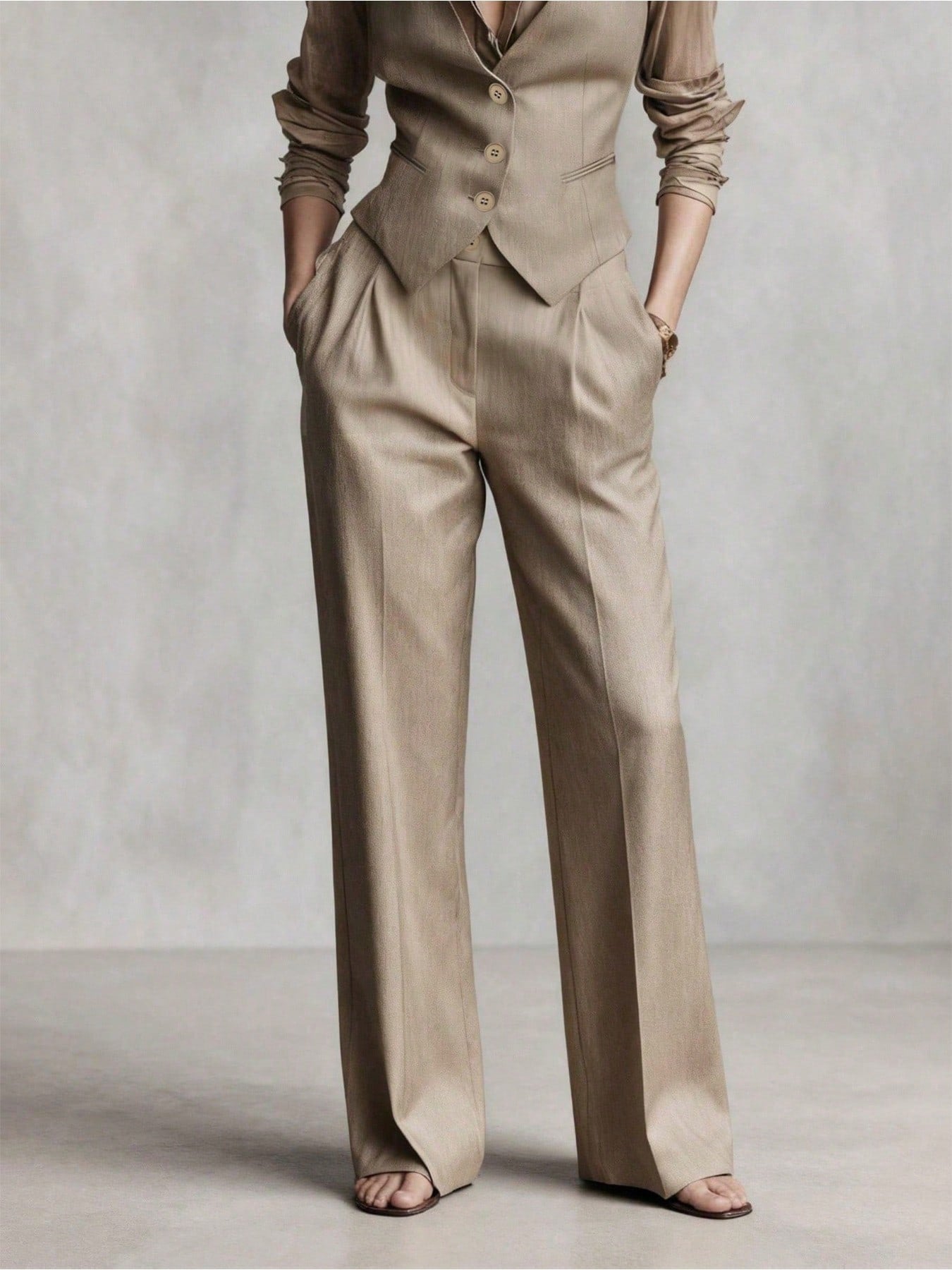 Elegant Women's Suit Set, V-Neck Button Front Vest Paired With Pleated Long Pants, Suitable For Autumn Office Business Casual, Women's 2-Piece Set