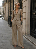 Elegant Women's Suit Set, V-Neck Button Front Vest Paired With Pleated Long Pants, Suitable For Autumn Office Business Casual, Women's 2-Piece Set