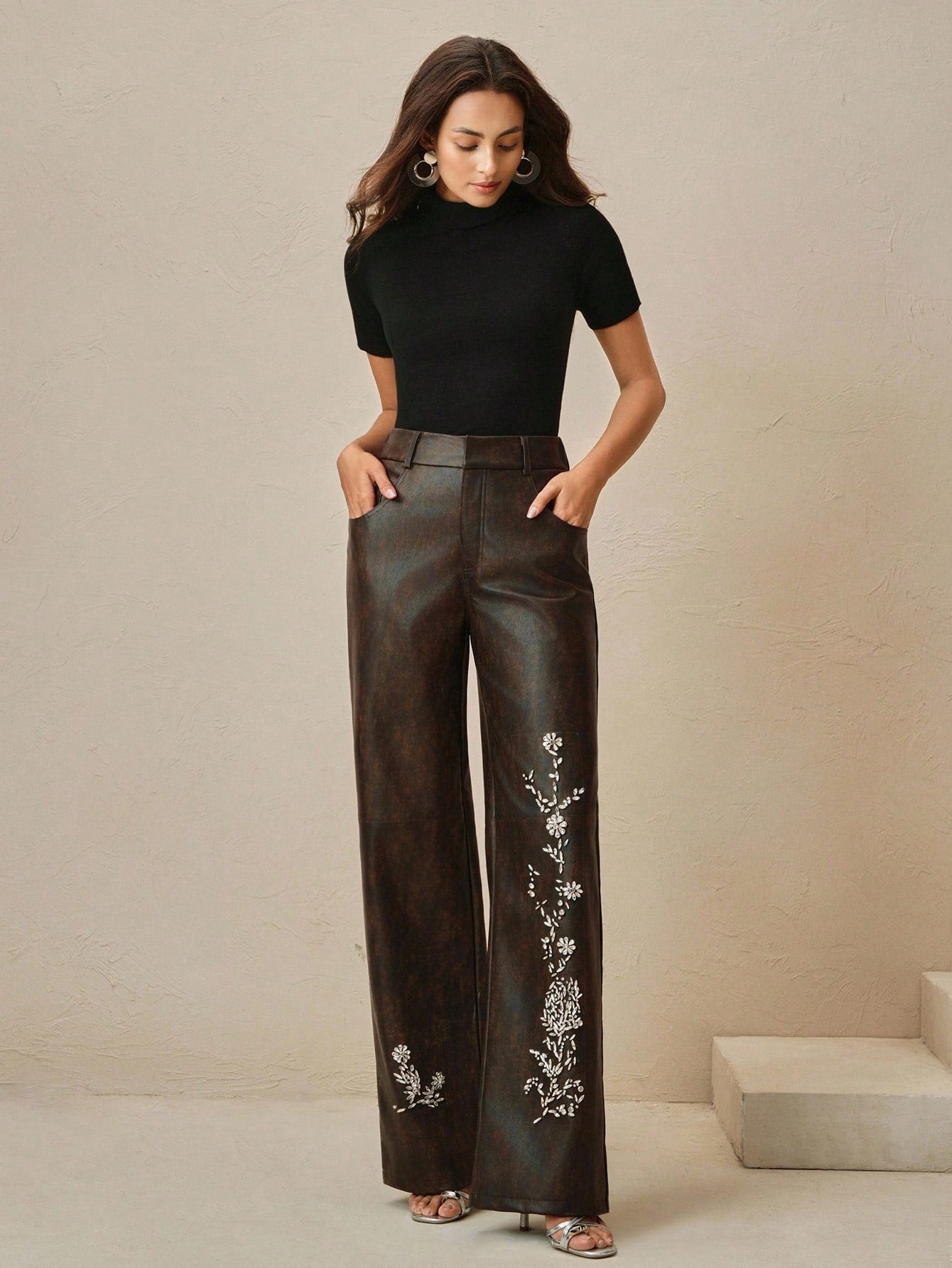 Anewsta Ladies' Autumn And Winter Leather PU Fabric, Heavy Craftsmanship, Handmade Nail Drill Positioning, Nail Drill Fashion, Elegant Pants