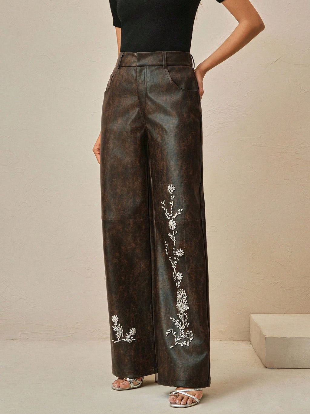 Anewsta Ladies' Autumn And Winter Leather PU Fabric, Heavy Craftsmanship, Handmade Nail Drill Positioning, Nail Drill Fashion, Elegant Pants