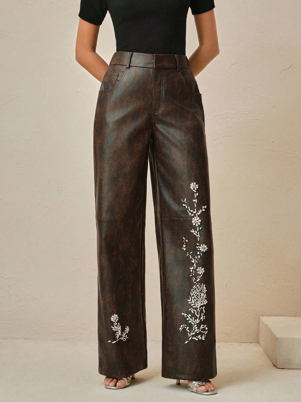 Anewsta Ladies' Autumn And Winter Leather PU Fabric, Heavy Craftsmanship, Handmade Nail Drill Positioning, Nail Drill Fashion, Elegant Pants