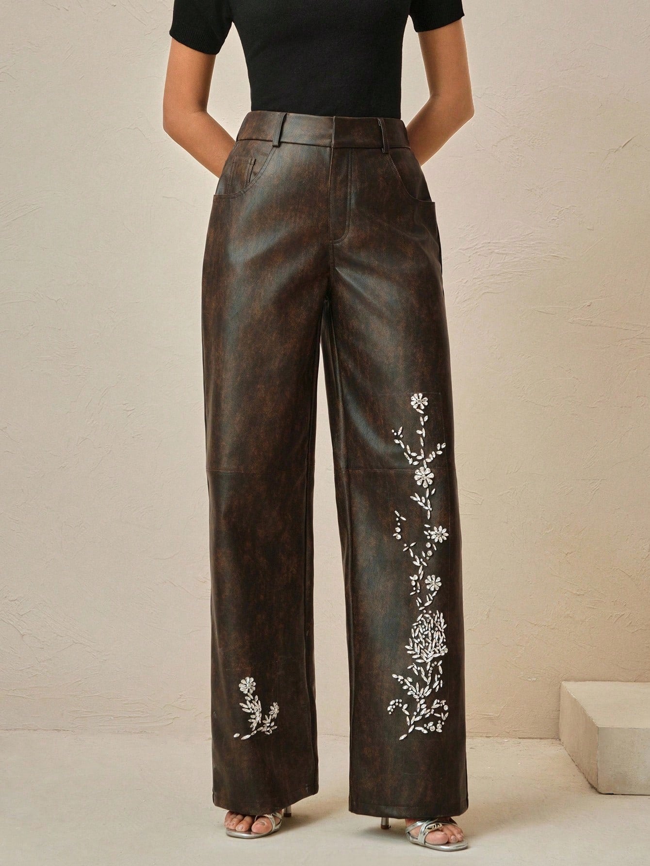 Anewsta Ladies' Autumn And Winter Leather PU Fabric, Heavy Craftsmanship, Handmade Nail Drill Positioning, Nail Drill Fashion, Elegant Pants