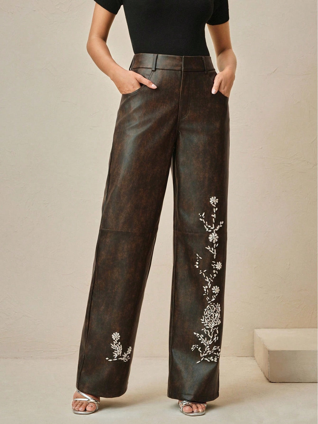 Anewsta Ladies' Autumn And Winter Leather PU Fabric, Heavy Craftsmanship, Handmade Nail Drill Positioning, Nail Drill Fashion, Elegant Pants
