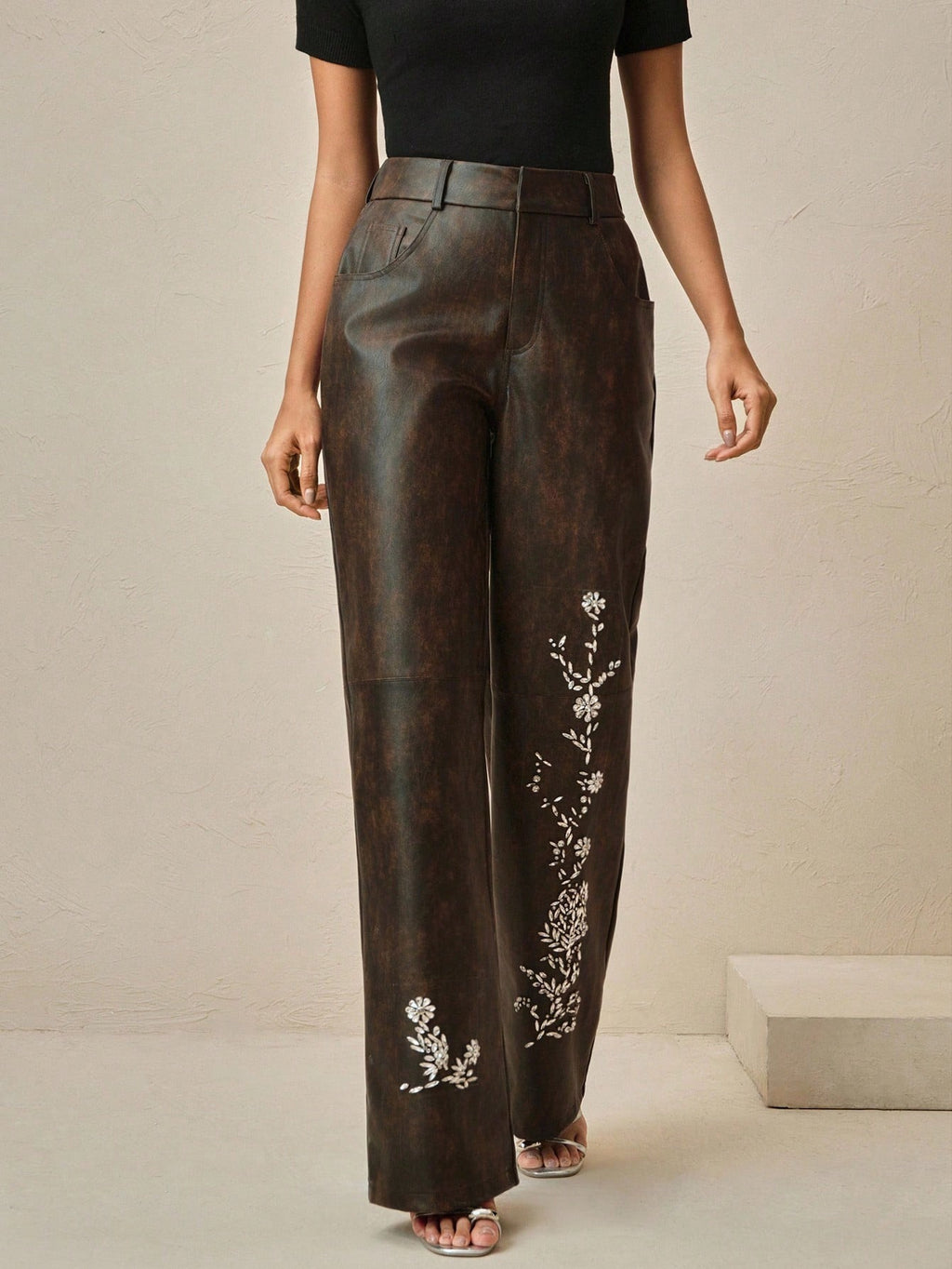 Anewsta Ladies' Autumn And Winter Leather PU Fabric, Heavy Craftsmanship, Handmade Nail Drill Positioning, Nail Drill Fashion, Elegant Pants