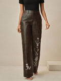 Anewsta Ladies' Autumn And Winter Leather PU Fabric, Heavy Craftsmanship, Handmade Nail Drill Positioning, Nail Drill Fashion, Elegant Pants