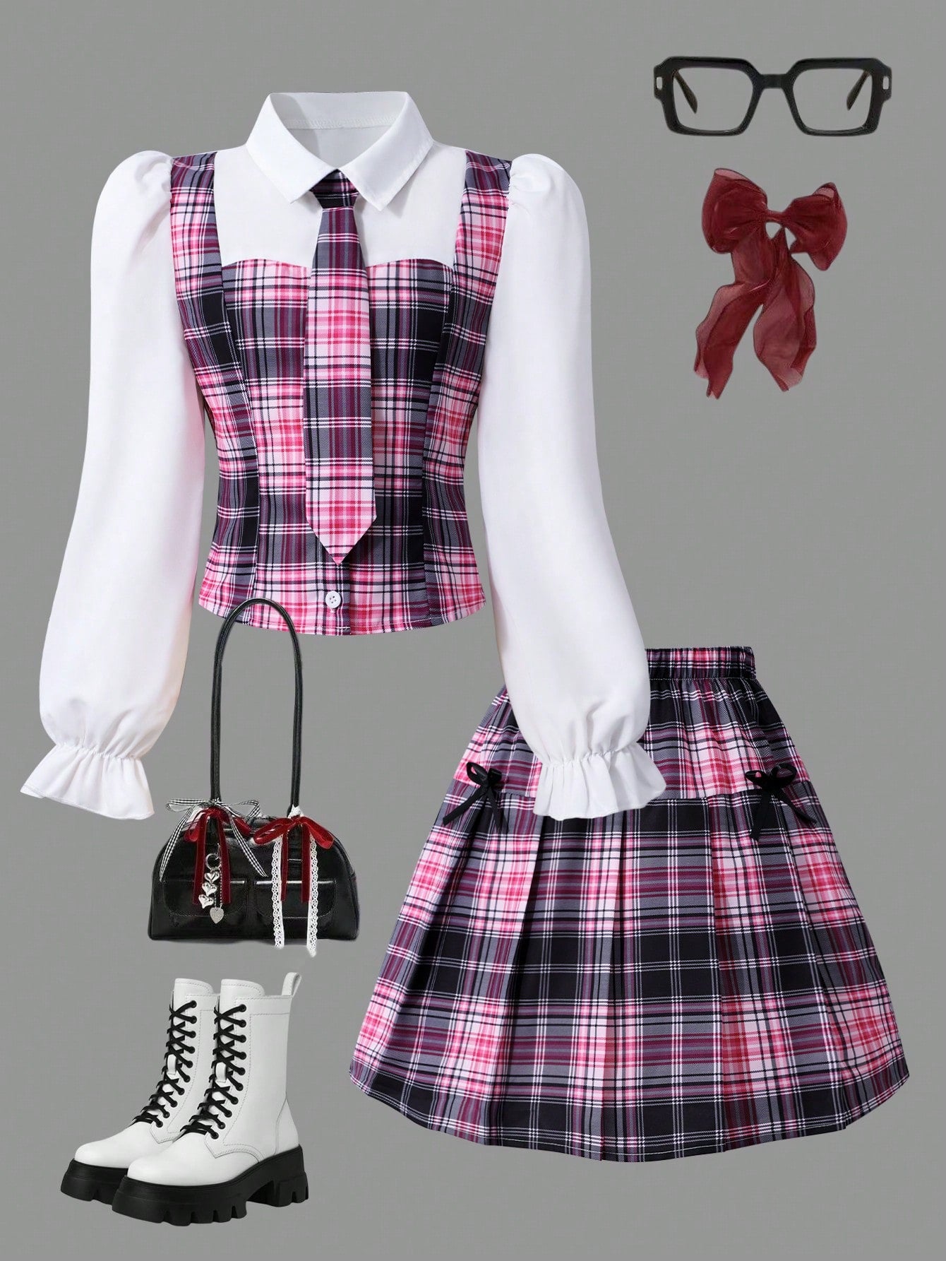 SHEIN Sparklyn Tween Girls 2pcs/Set Pink And White Plaid Collared Splice Preppy Style Cute Cardigan, Puff Sleeves, Elastic Waist Pleated Mini Skirt Autumn Fall