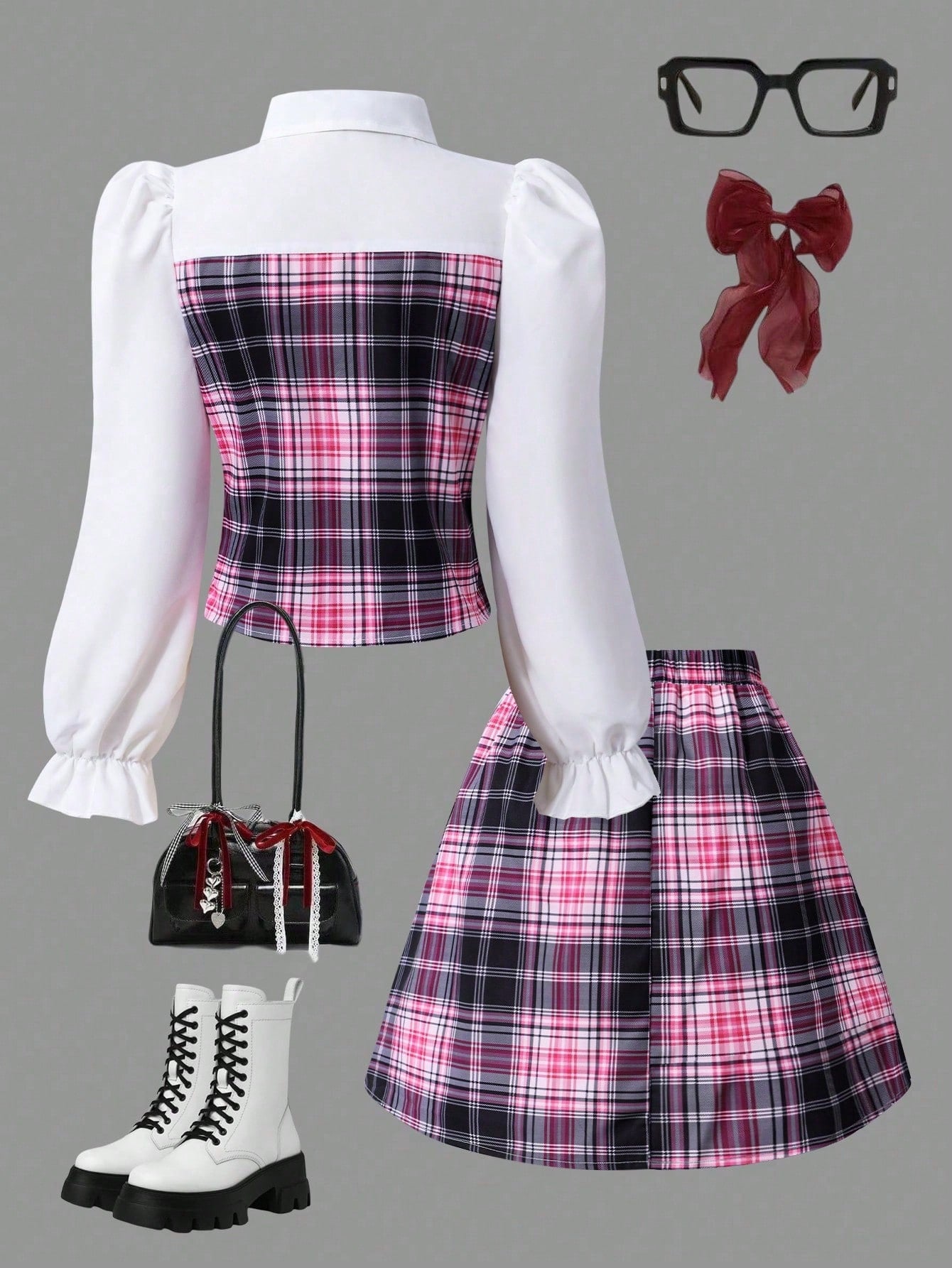 SHEIN Sparklyn Tween Girls 2pcs/Set Pink And White Plaid Collared Splice Preppy Style Cute Cardigan, Puff Sleeves, Elastic Waist Pleated Mini Skirt Autumn Fall