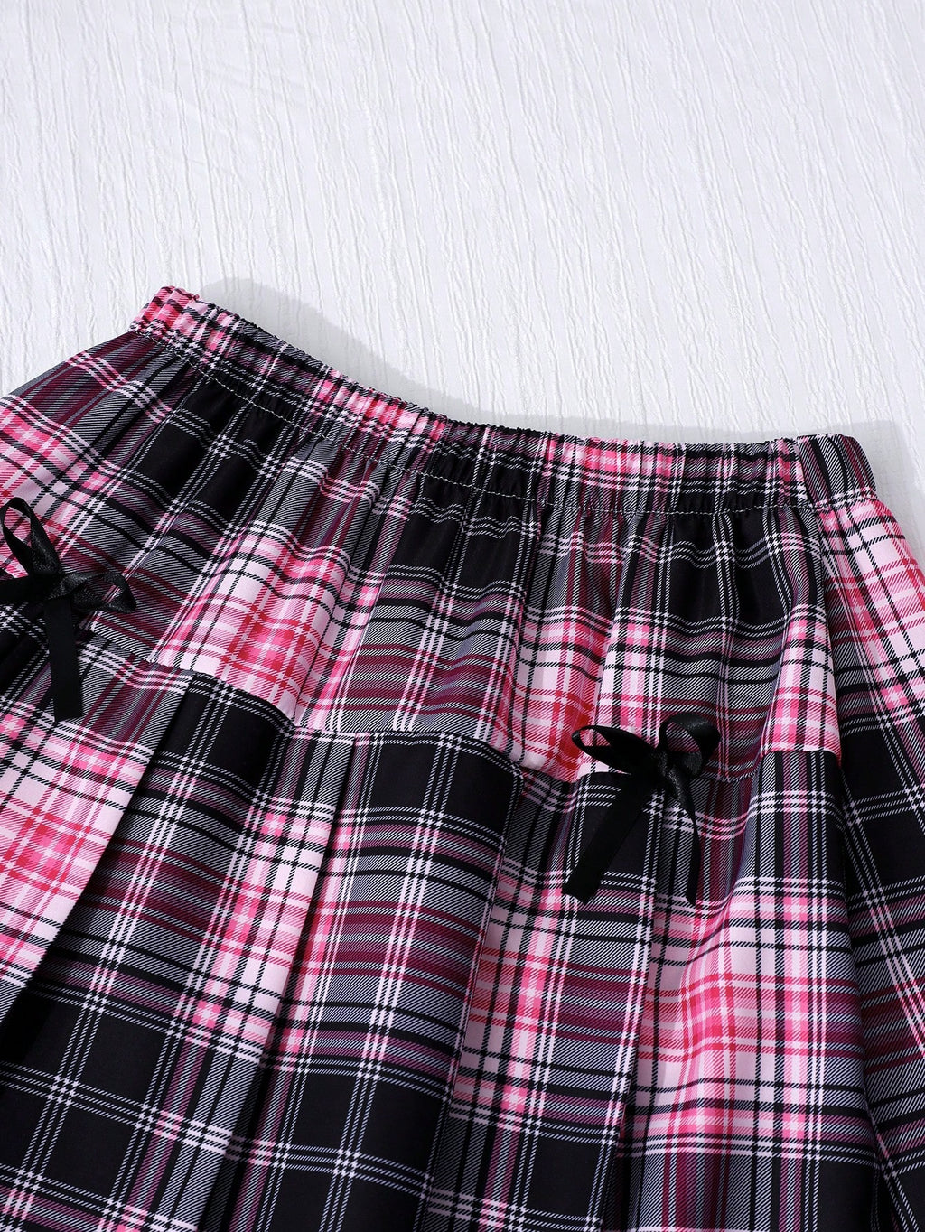 SHEIN Sparklyn Tween Girls 2pcs/Set Pink And White Plaid Collared Splice Preppy Style Cute Cardigan, Puff Sleeves, Elastic Waist Pleated Mini Skirt Autumn Fall