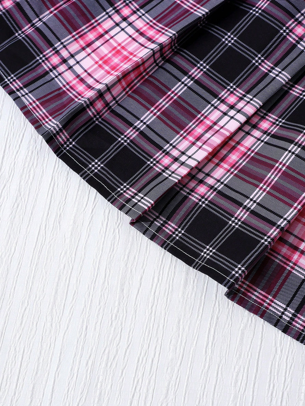 SHEIN Sparklyn Tween Girls 2pcs/Set Pink And White Plaid Collared Splice Preppy Style Cute Cardigan, Puff Sleeves, Elastic Waist Pleated Mini Skirt Autumn Fall