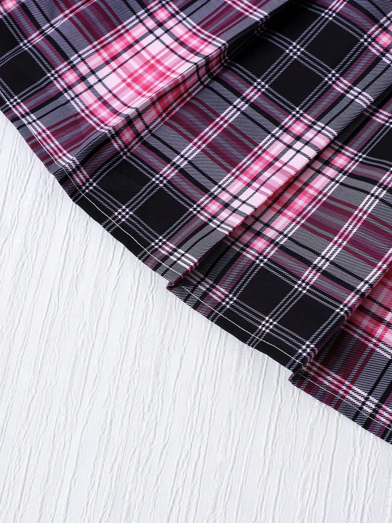 SHEIN Sparklyn Tween Girls 2pcs/Set Pink And White Plaid Collared Splice Preppy Style Cute Cardigan, Puff Sleeves, Elastic Waist Pleated Mini Skirt Autumn Fall