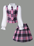 SHEIN Sparklyn Tween Girls 2pcs/Set Pink And White Plaid Collared Splice Preppy Style Cute Cardigan, Puff Sleeves, Elastic Waist Pleated Mini Skirt Autumn Fall