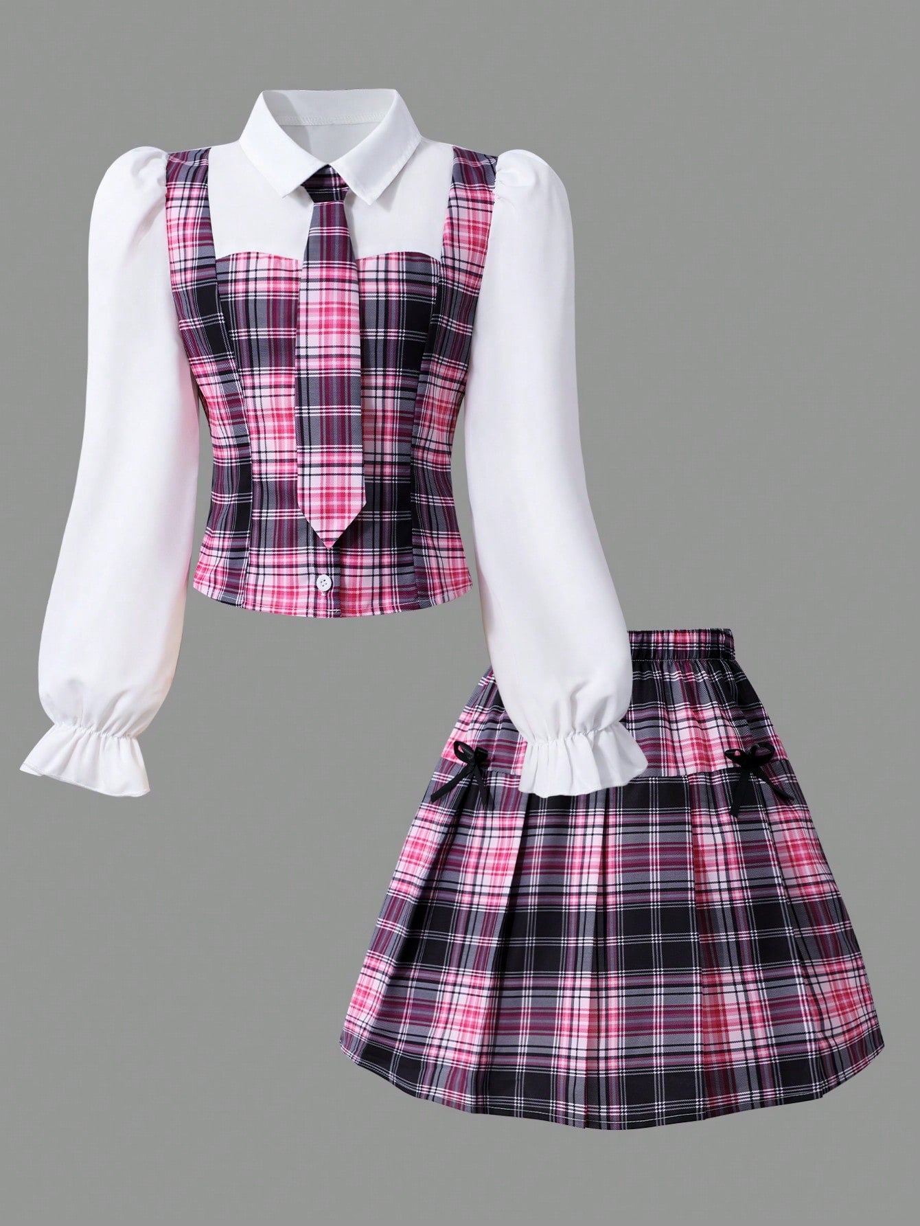 SHEIN Sparklyn Tween Girls 2pcs/Set Pink And White Plaid Collared Splice Preppy Style Cute Cardigan, Puff Sleeves, Elastic Waist Pleated Mini Skirt Autumn Fall