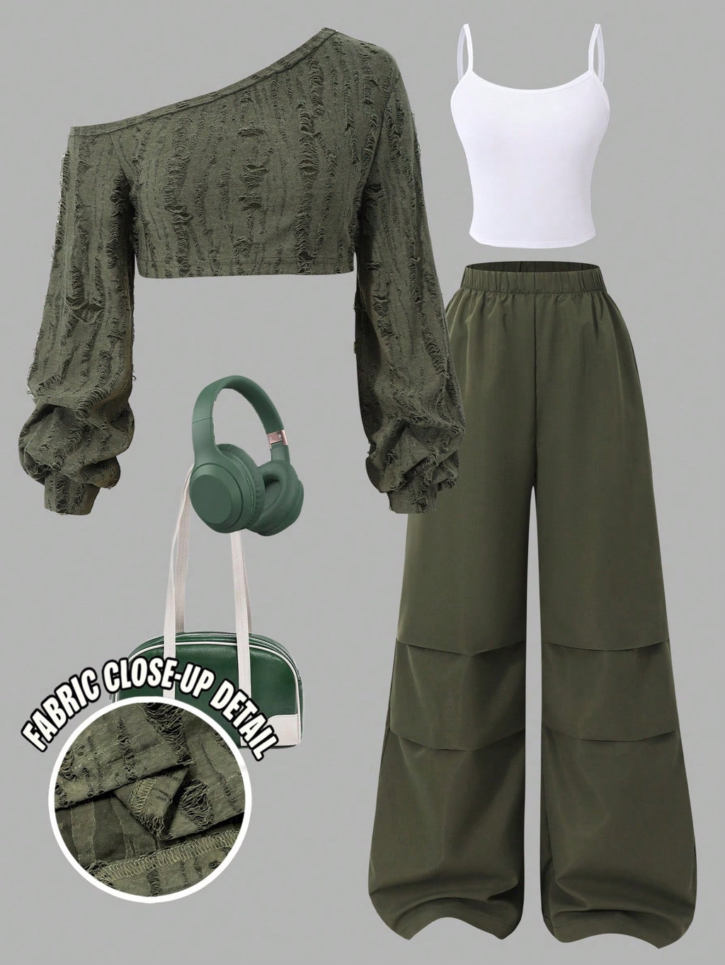 SHEIN Sparklyn Teen Girls 3pcs/Set Casual Knit Camisole,Suspender & Wide Leg Pants Set,Army Green,Autumn,Streetwear,Holiday Oblique Shoulder Design Fashionable
