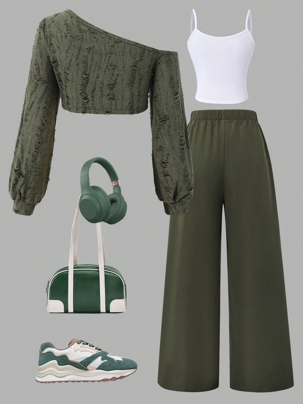 SHEIN Sparklyn Teen Girls 3pcs/Set Casual Knit Camisole,Suspender & Wide Leg Pants Set,Army Green,Autumn,Streetwear,Holiday Oblique Shoulder Design Fashionable