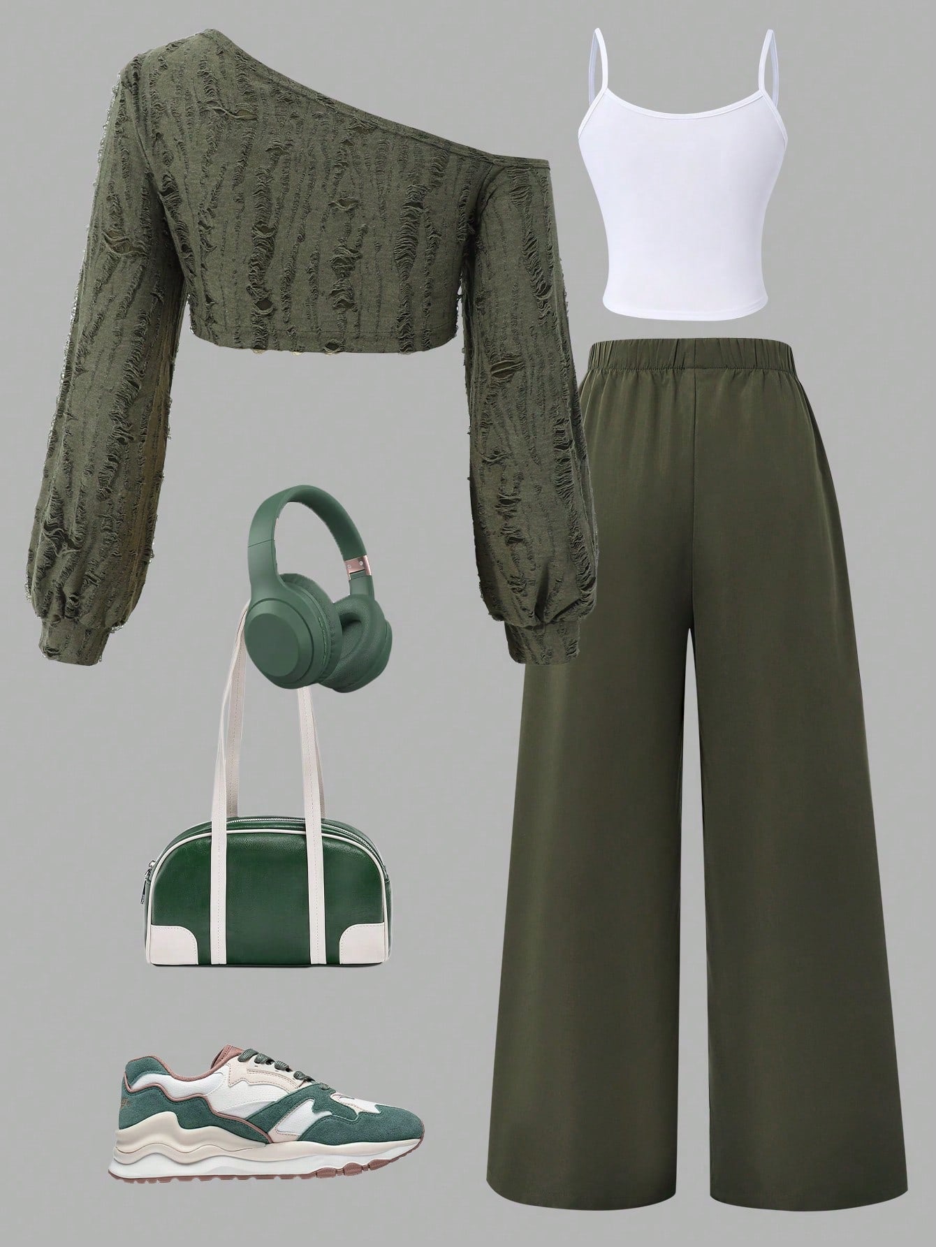 SHEIN Sparklyn Teen Girls 3pcs/Set Casual Knit Camisole,Suspender & Wide Leg Pants Set,Army Green,Autumn,Streetwear,Holiday Oblique Shoulder Design Fashionable