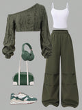 SHEIN Sparklyn Teen Girls 3pcs/Set Casual Knit Camisole,Suspender & Wide Leg Pants Set,Army Green,Autumn,Streetwear,Holiday Oblique Shoulder Design Fashionable