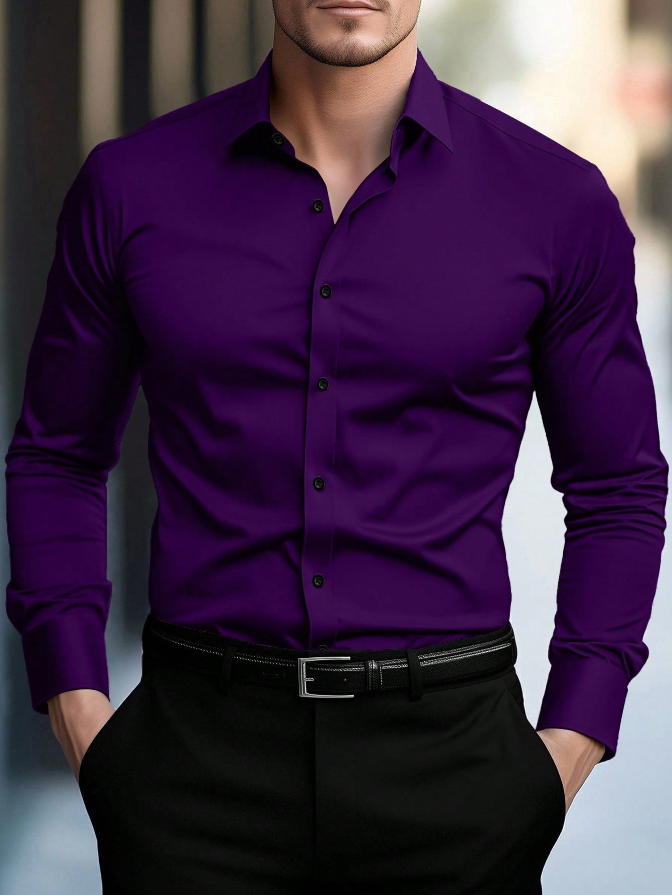 Manfinity Mode Men's Solid Color Long Sleeve Single-Breasted Casual Dress Formal Shirt Purple, Fall, Ceremony