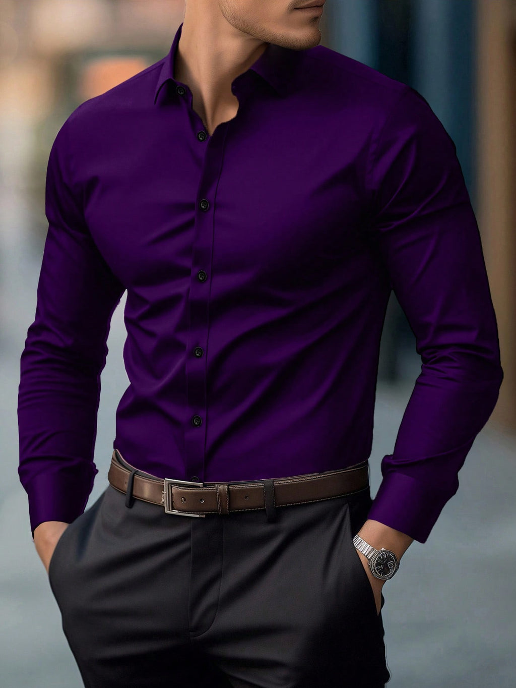 Manfinity Mode Men's Solid Color Long Sleeve Single-Breasted Casual Dress Formal Shirt Purple, Fall, Ceremony