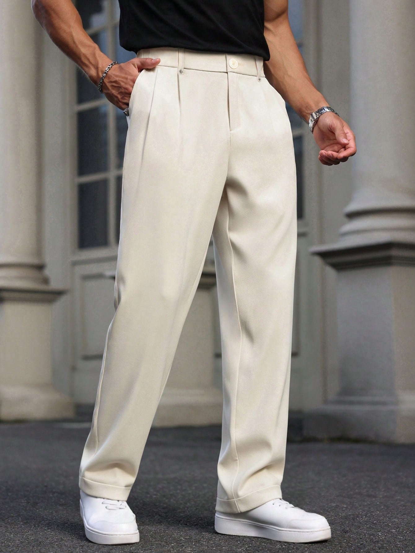 Manfinity Mode Manfinity Formal Men's Straight Leg Casual Trousers, Retro British Style Versatile Pants,Boyfriend Gifts,Valentine's Day Men,White For Ceremony
