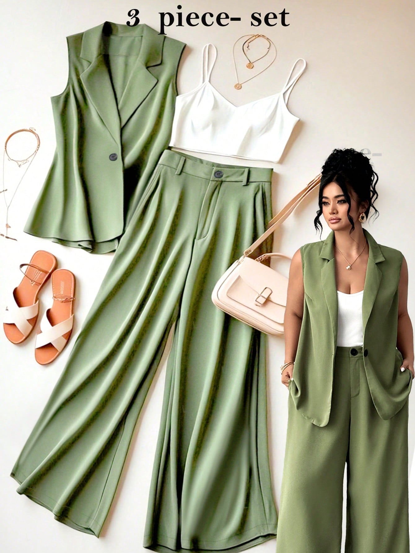 GlowEve CURVE Women's Plus Size Sleeveless Blazer Vest, Wide Leg Long Pants And Camisole Set, Gentle And Cool 3-Piece Outfit For Outing, Commuting, Dating, Gathering, Light Business, Casual Streetwear, Easy To Match