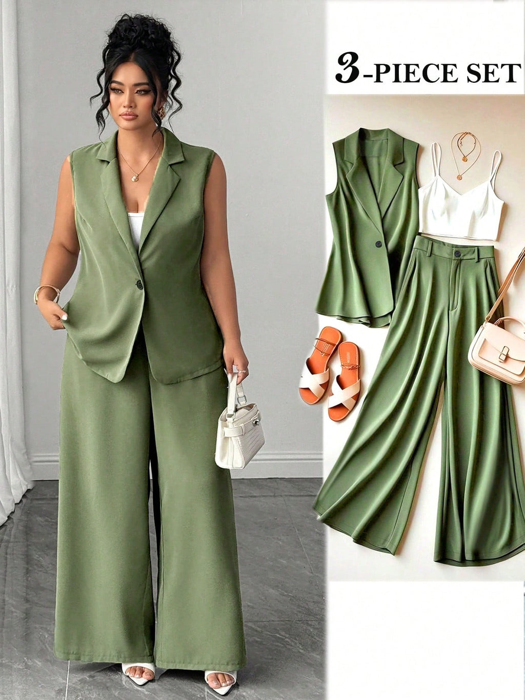 GlowEve CURVE Women's Plus Size Sleeveless Blazer Vest, Wide Leg Long Pants And Camisole Set, Gentle And Cool 3-Piece Outfit For Outing, Commuting, Dating, Gathering, Light Business, Casual Streetwear, Easy To Match
