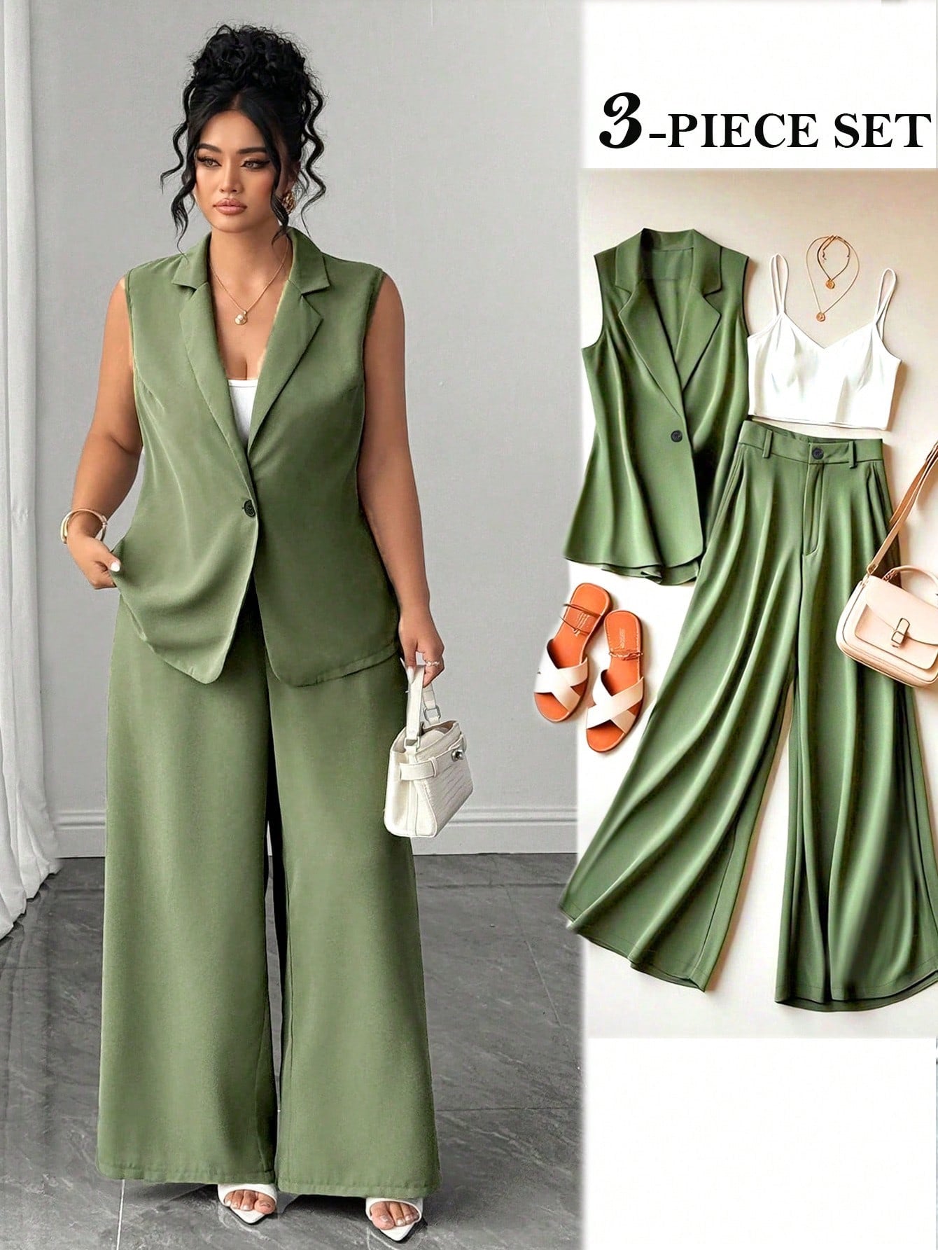 GlowEve CURVE Women's Plus Size Sleeveless Blazer Vest, Wide Leg Long Pants And Camisole Set, Gentle And Cool 3-Piece Outfit For Outing, Commuting, Dating, Gathering, Light Business, Casual Streetwear, Easy To Match