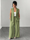 GlowEve CURVE Women's Plus Size Sleeveless Blazer Vest, Wide Leg Long Pants And Camisole Set, Gentle And Cool 3-Piece Outfit For Outing, Commuting, Dating, Gathering, Light Business, Casual Streetwear, Easy To Match