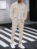 Men's 2 Pieces Set, Casual Solid Double Pocket Lapel Long Sleeve Shirt + Long Pants, Thin Spring Autumn Sports Vacation Outfit, Co-Ord Set
