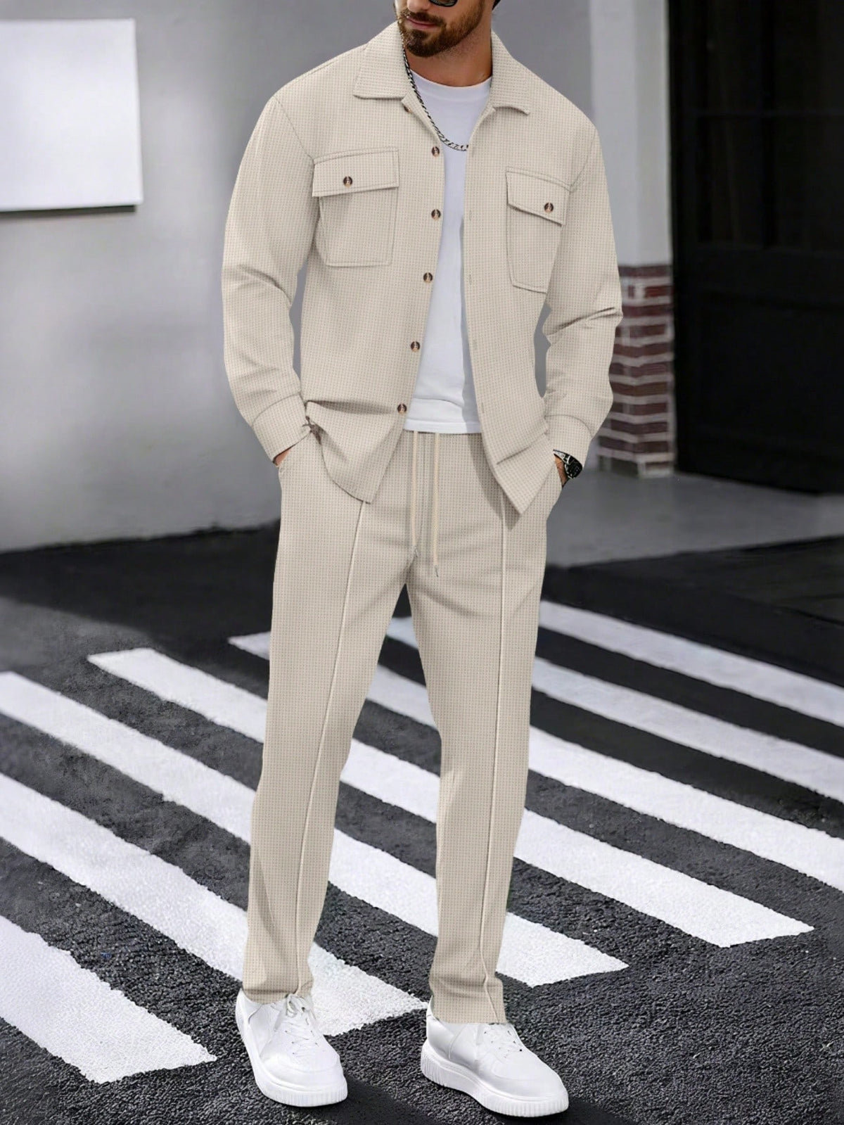 Men's 2 Pieces Set, Casual Solid Double Pocket Lapel Long Sleeve Shirt + Long Pants, Thin Spring Autumn Sports Vacation Outfit, Co-Ord Set
