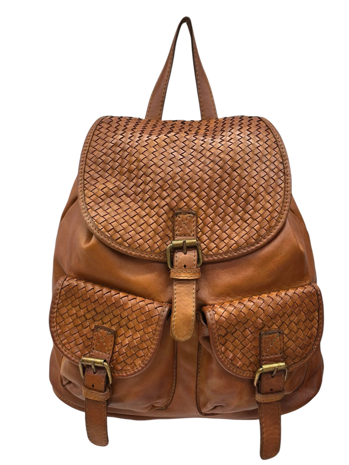 Basket-weave leather backpack with twin front pockets and buckle flap