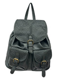 Basket-weave leather backpack with twin front pockets and buckle flap