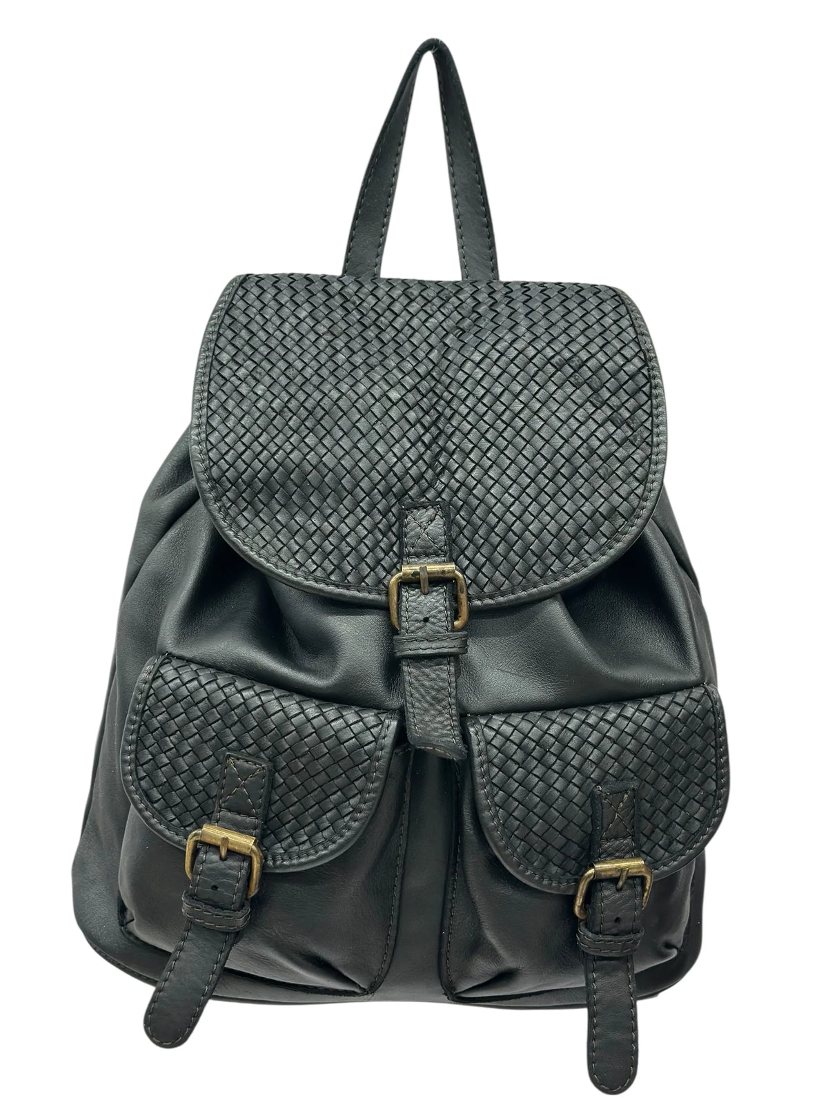 Basket-weave leather backpack with twin front pockets and buckle flap