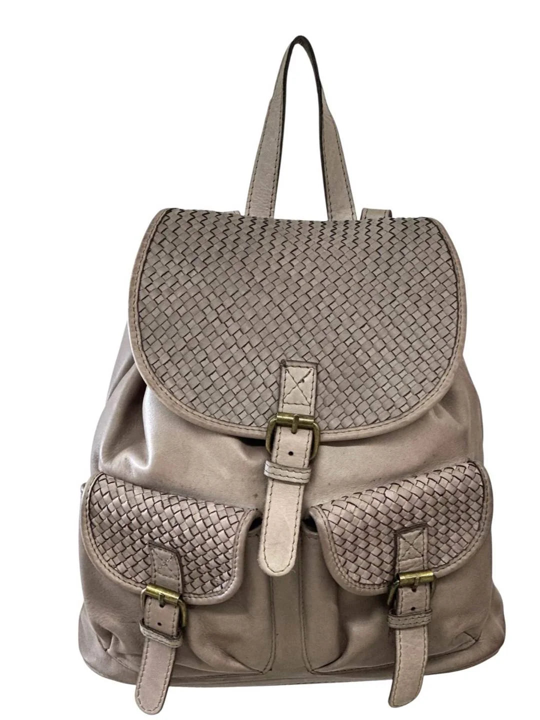 Basket-weave leather backpack with twin front pockets and buckle flap