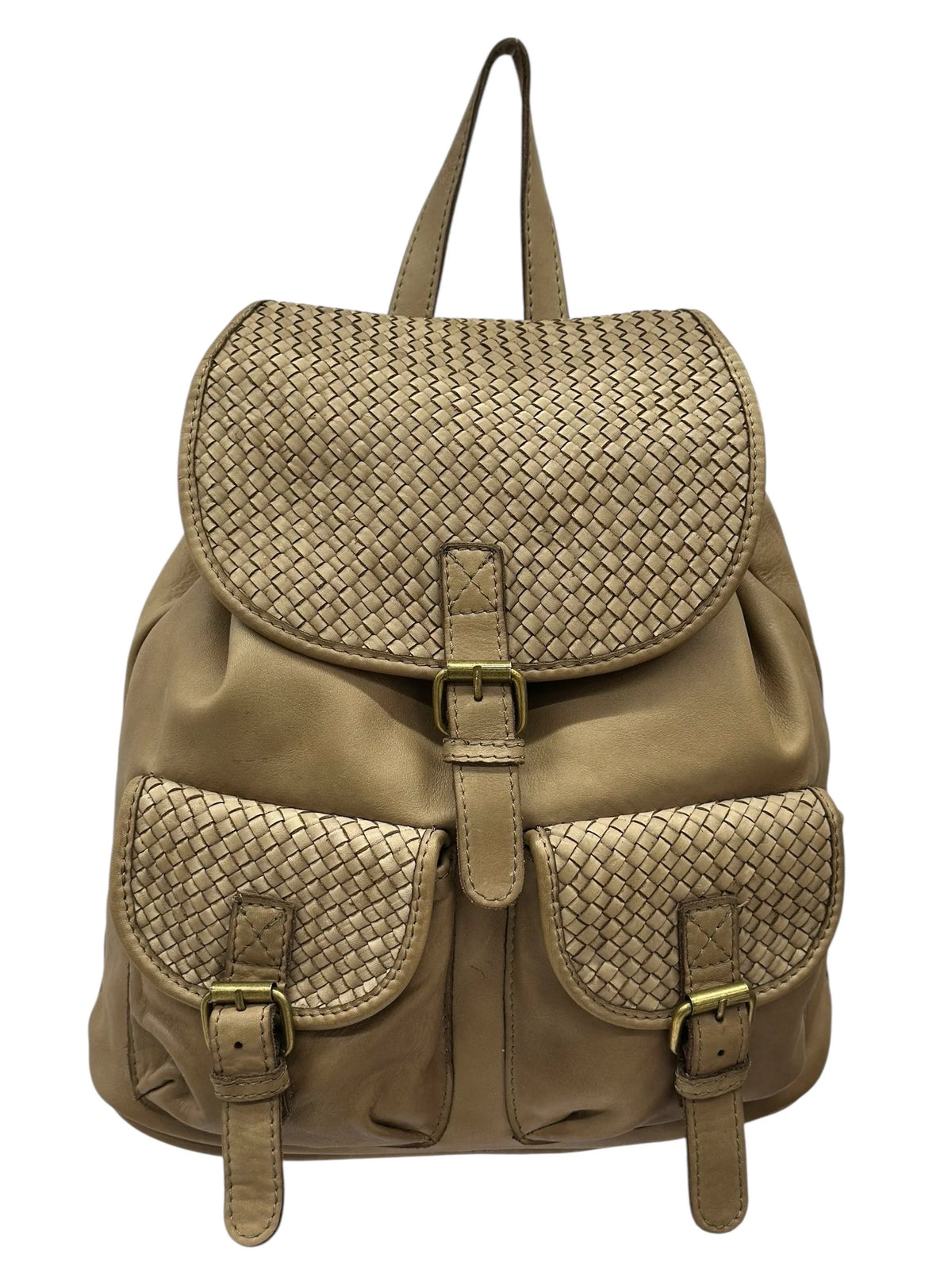 Basket-weave leather backpack with twin front pockets and buckle flap