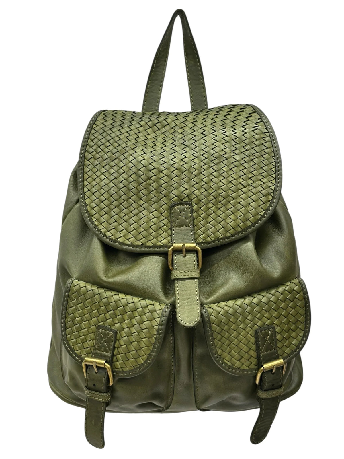Basket-weave leather backpack with twin front pockets and buckle flap