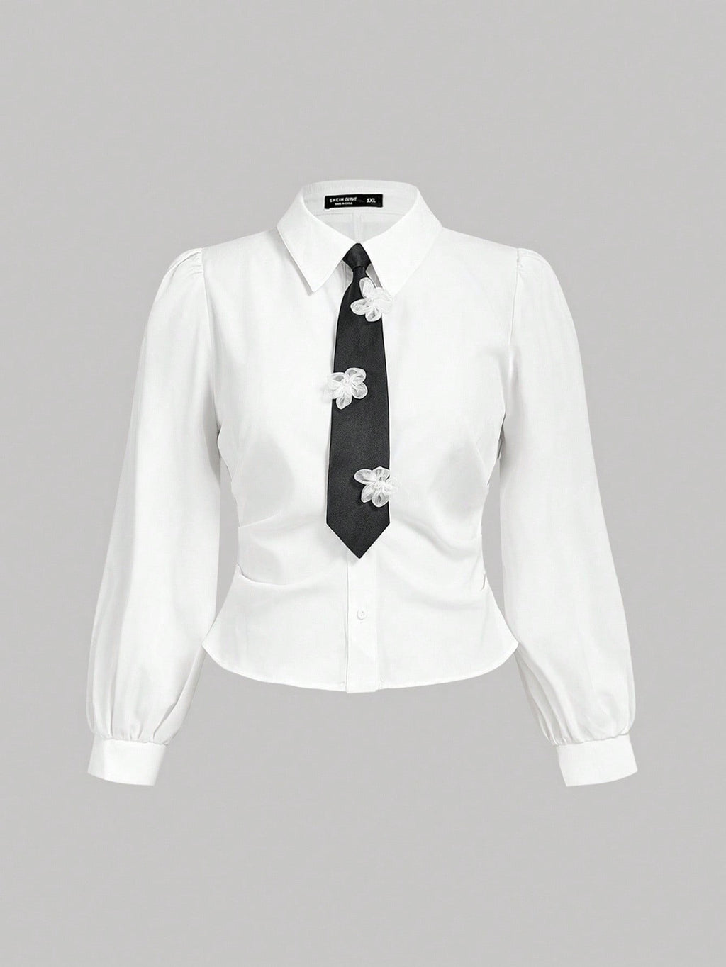 SHEIN MOD Plus Size Elegant Casual All White Autumn Graduation Back-To-School Shirts For Women,Necktie Decorated Front Button Ladies Office Formal Party Wear
