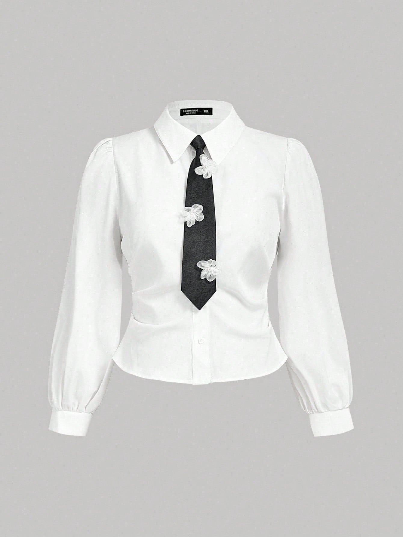 SHEIN MOD Plus Size Elegant Casual All White Autumn Graduation Back-To-School Shirts For Women,Necktie Decorated Front Button Ladies Office Formal Party Wear