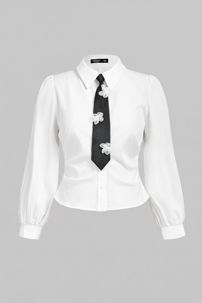 SHEIN MOD Plus Size Elegant Casual All White Autumn Graduation Back-To-School Shirts For Women,Necktie Decorated Front Button Ladies Office Formal Party Wear