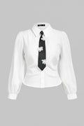 SHEIN MOD Plus Size Elegant Casual All White Autumn Graduation Back-To-School Shirts For Women,Necktie Decorated Front Button Ladies Office Formal Party Wear