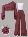Teen Casual Comfortable Knit Tank Top Camisole Cargo Wide Leg Pants 3 Pieces Set Suitable Y2k Back To School,Autumn Outfit,Winter