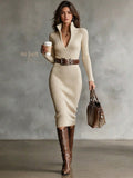 2026 New Turn Collar Knit Sweater Dress V-Neck Ribbed Mid-Length Bodycon Dress Elegant Pullover Dress Winter Dress Casual Western Style Autumn/Winter Outfit Date Commute High Elastic Fabric Slimming Fit Old Money Quiet Luxury Office Commute Business Casua