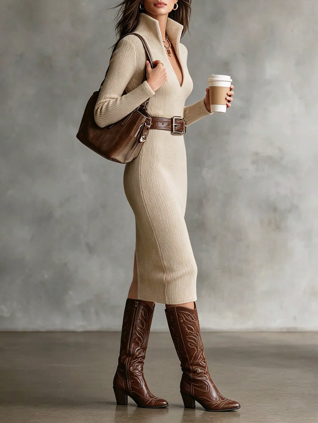 2026 New Turn Collar Knit Sweater Dress V-Neck Ribbed Mid-Length Bodycon Dress Elegant Pullover Dress Winter Dress Casual Western Style Autumn/Winter Outfit Date Commute High Elastic Fabric Slimming Fit Old Money Quiet Luxury Office Commute Business Casua