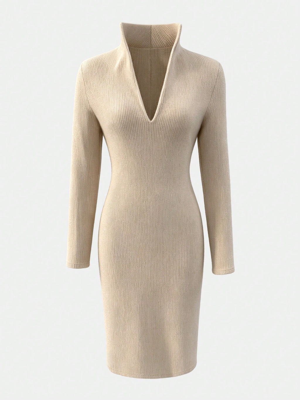 2026 New Turn Collar Knit Sweater Dress V-Neck Ribbed Mid-Length Bodycon Dress Elegant Pullover Dress Winter Dress Casual Western Style Autumn/Winter Outfit Date Commute High Elastic Fabric Slimming Fit Old Money Quiet Luxury Office Commute Business Casua